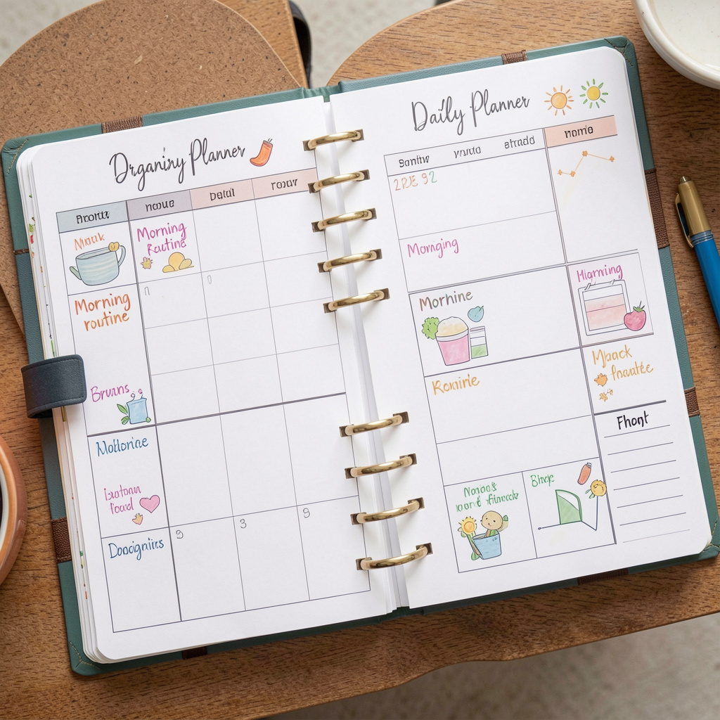 Organized daily planner with morning routine
